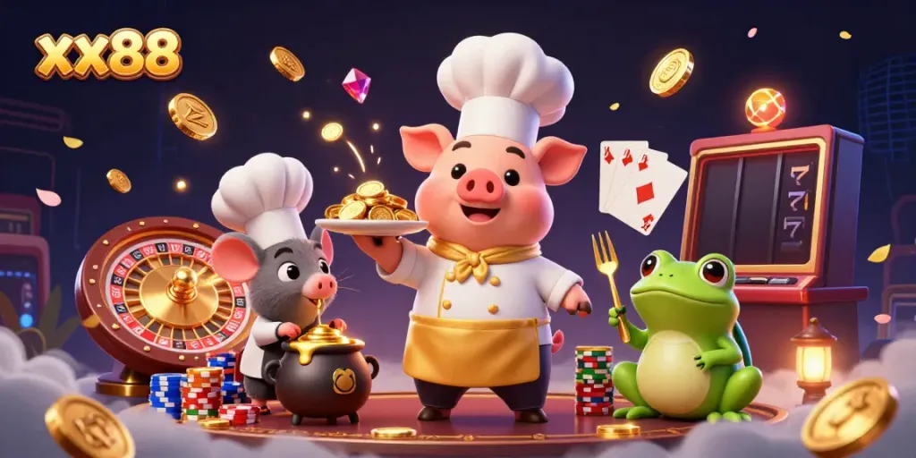 Experience the excitement of gambling with xx88 as a cartoon chef pig serves shiny gold coins in a vibrant casino.