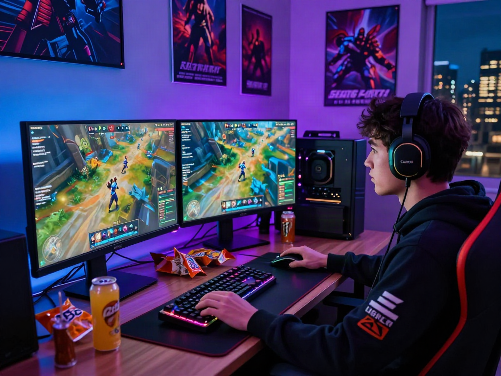 Gamer focused on dual screens displaying bro138 link alternatif gameplay in a vibrant digital setup.