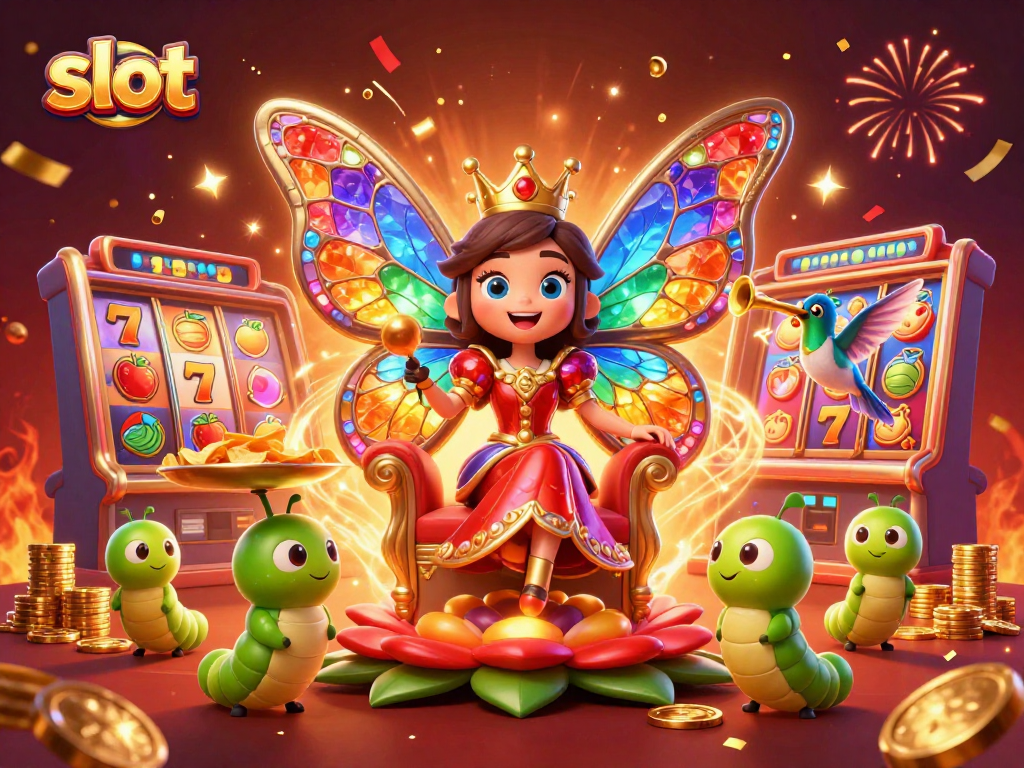 Score big wins with slot machines in this vibrant 3D casino scene featuring a butterfly queen.
