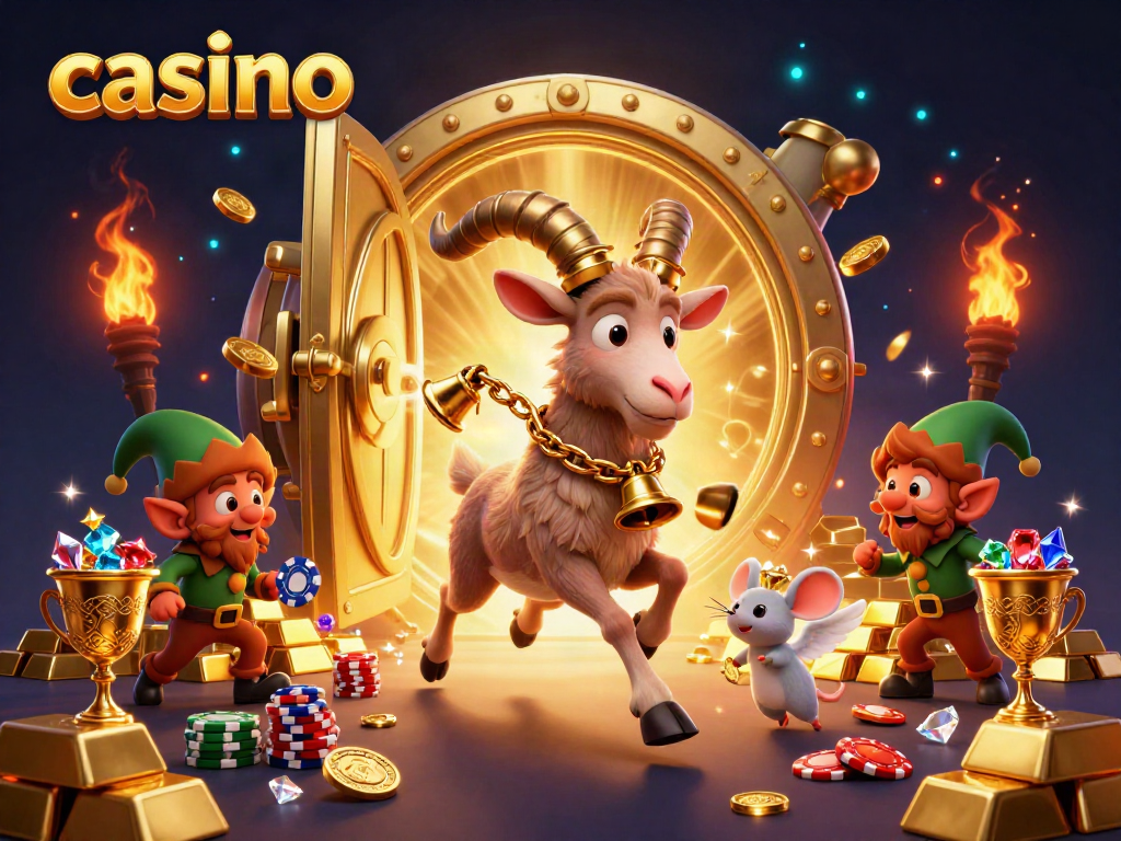 Experience excitement in a casino-themed holiday scene featuring Krampus and playful elves amidst gold and gems.