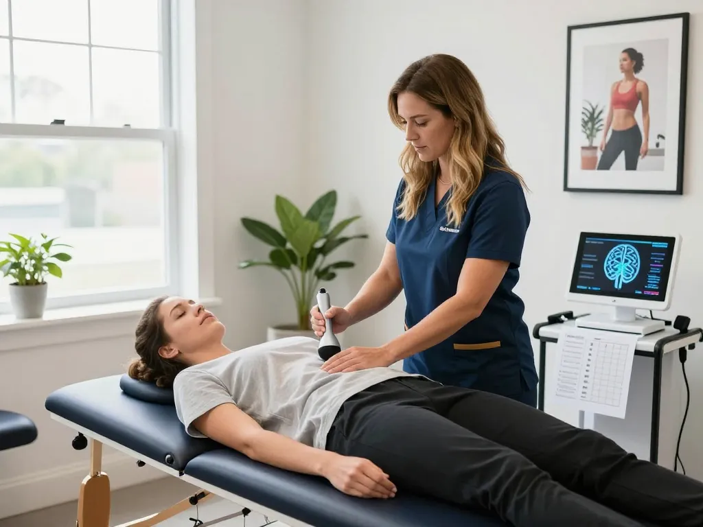 Chiropractic services at Synaptic Chiropractic, featuring Dr. Andrea providing gentle adjustments in a welcoming office.