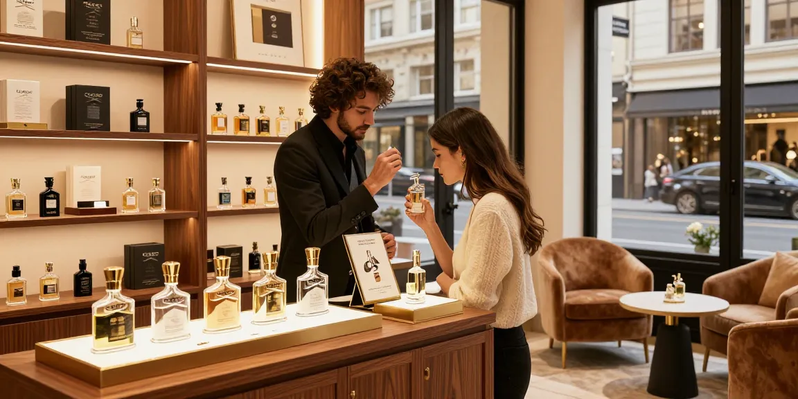 Elegant retail display showcasing Creed (Aventus only) among luxurious perfumes, inviting atmosphere.