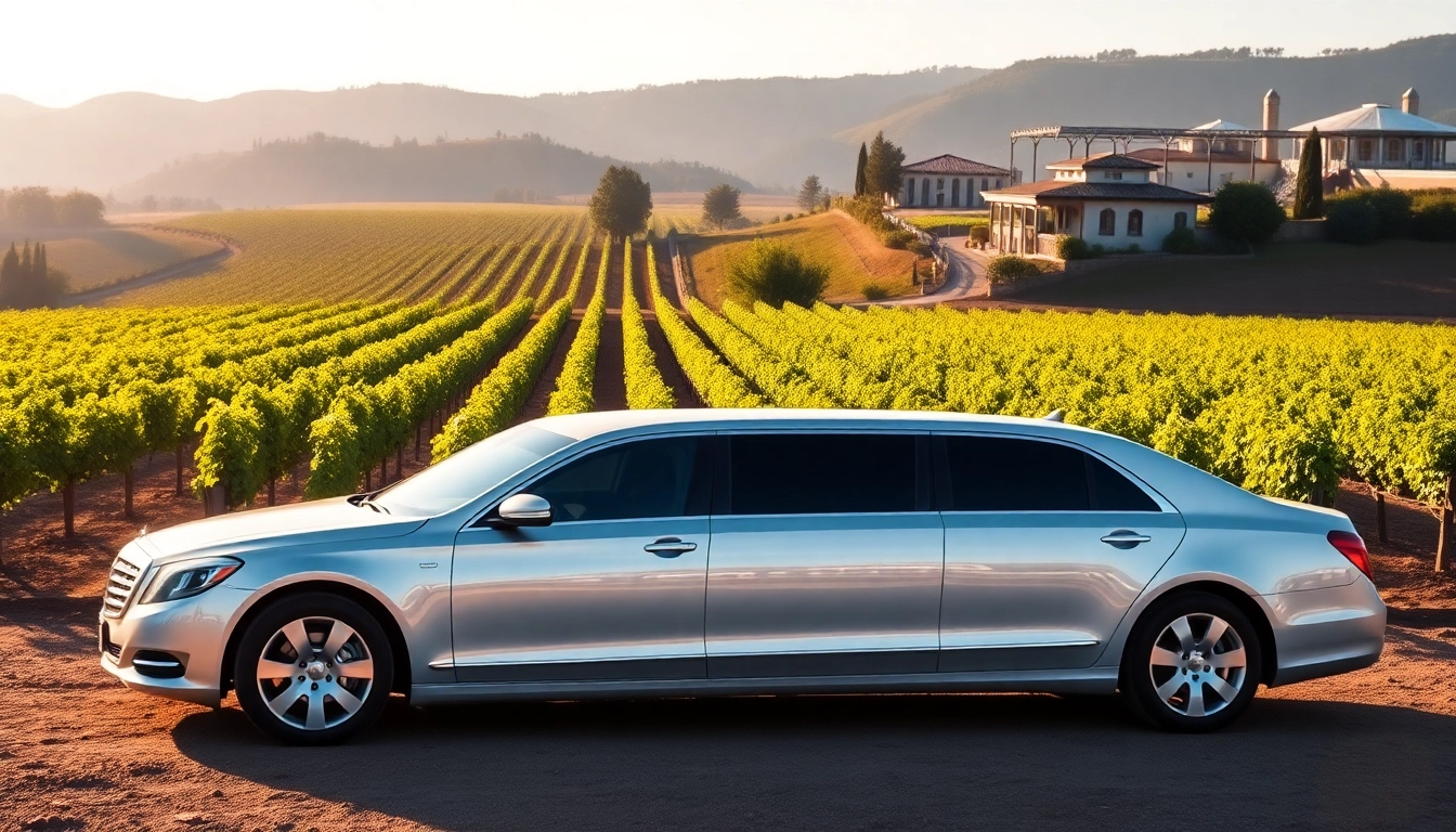 Experience the luxury of a winery tour limousine nestled in a beautiful vineyard setting.