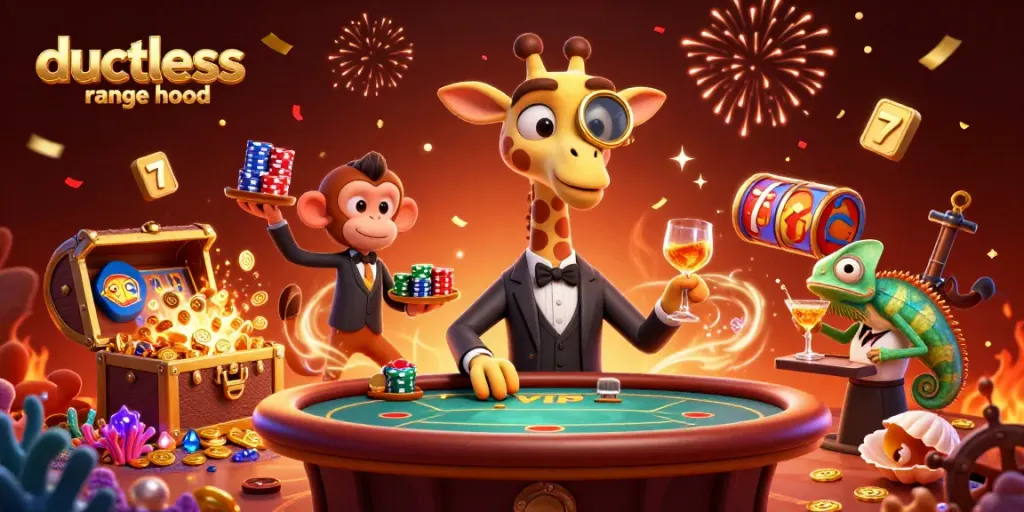 Experience the excitement of winning with a ductless range hood-themed casino scene featuring a high-roller giraffe.