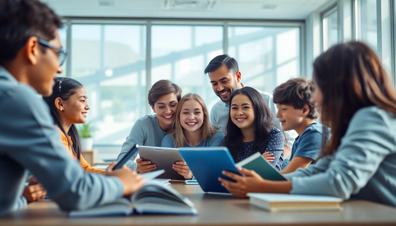 Engaging classroom scene illustrating education with diverse students collaborating and learning