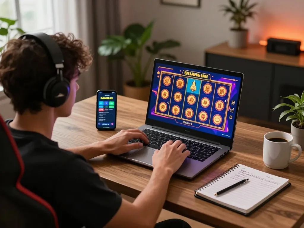 Player spinning the reels during slot gacor siang ini session, surrounded by gaming notes and a smartphone app.