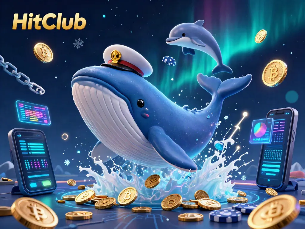 HitClub visualizes exciting gameplay with a whale and dolphins amidst digital treasures and neon coins.
