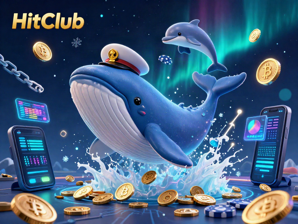 HitClub visualizes exciting gameplay with a whale and dolphins amidst digital treasures and neon coins.