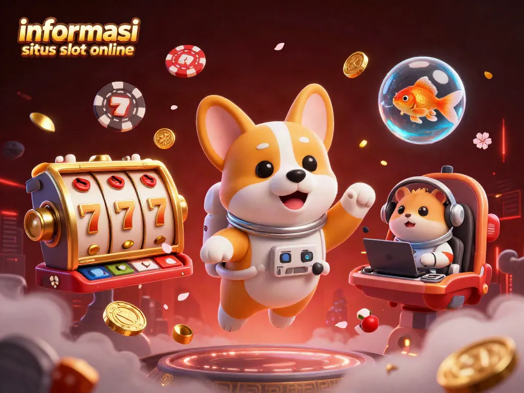 Permainan slot online informasi situs slot online dengan rol slot, koin emas, dan karakter menghibur di kasino luar angkasa.