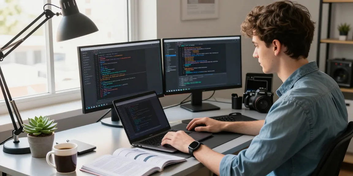Young developer in a tech workspace coding with telegram中文 interface on screens