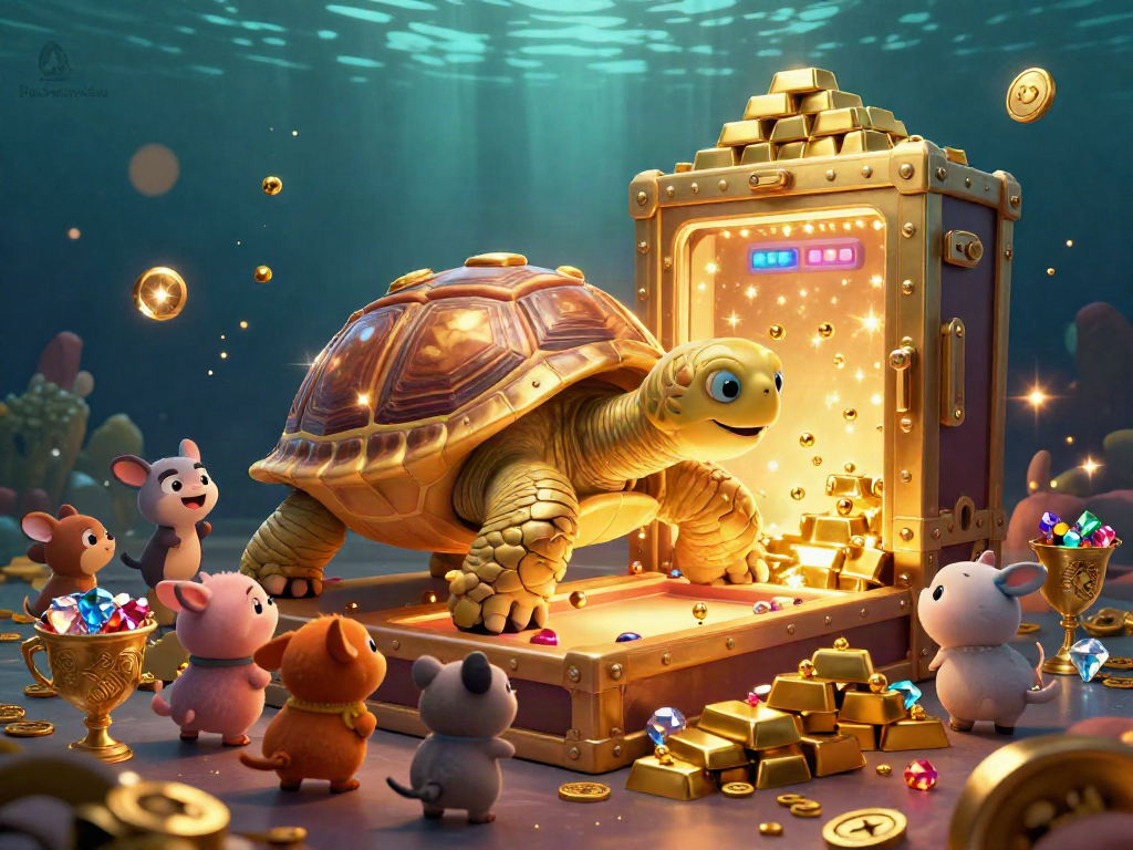 Engage with pohon4d's exciting games featuring a golden tortoise pinball machine amidst treasure elements.