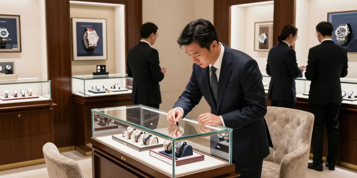 A customer inspecting a high-quality replica watch in a luxury watch boutique filled with elegance and sophistication.