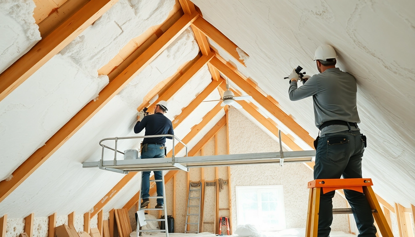 Addressing spray foam condensation issues while technicians work in an insulated attic space.