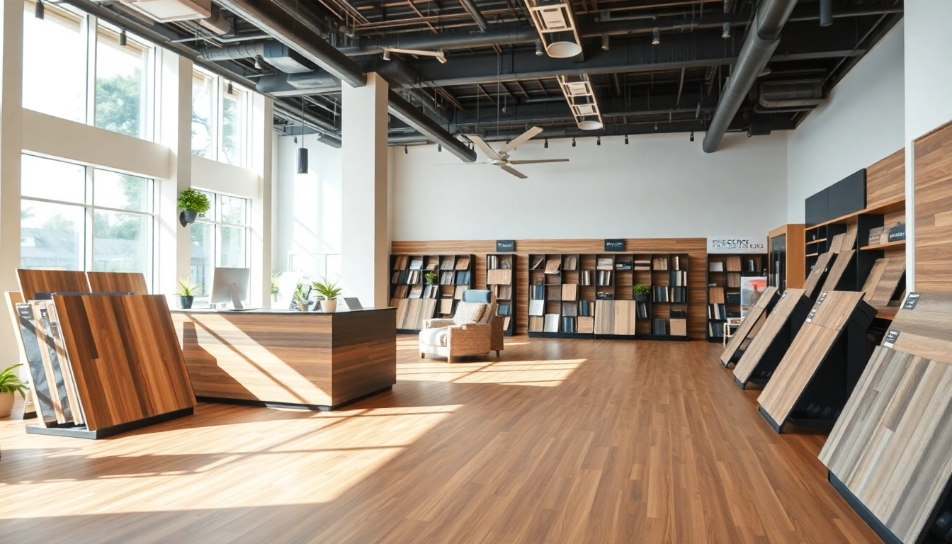 Showcase of flooring companies near me displaying various textures and styles in a bright showroom.