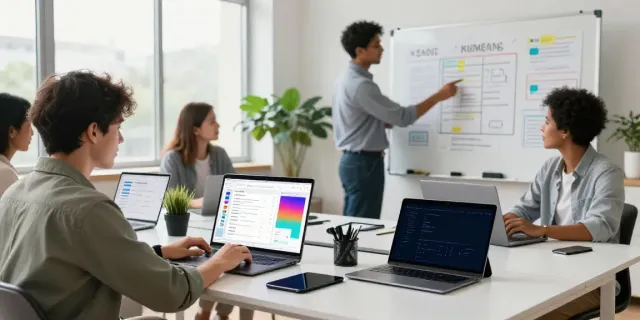 Diverse team collaborating in a bright workspace with AI tools for SEO content outlines on screens, showcasing innovation.
