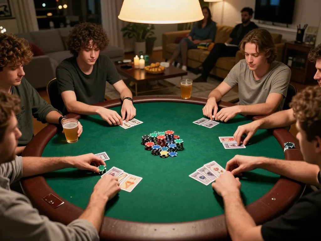 The hidden wiki poker game in a cozy home setting, showcasing players' cards and chips during competitive gameplay.