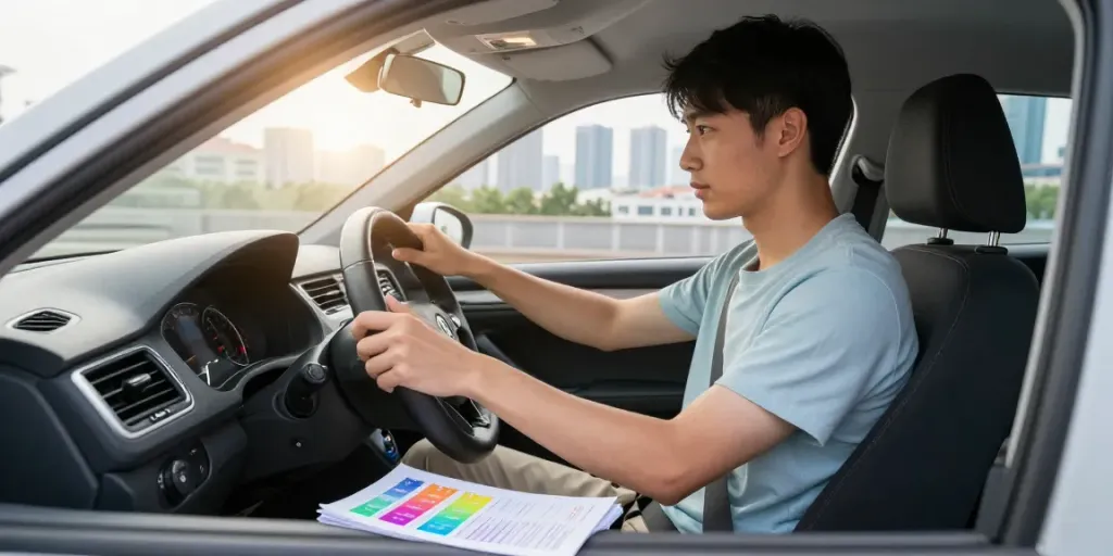 Scene de lecție auto la Școala Auto Kişinev, instructor și elev în Skoda Fabia.