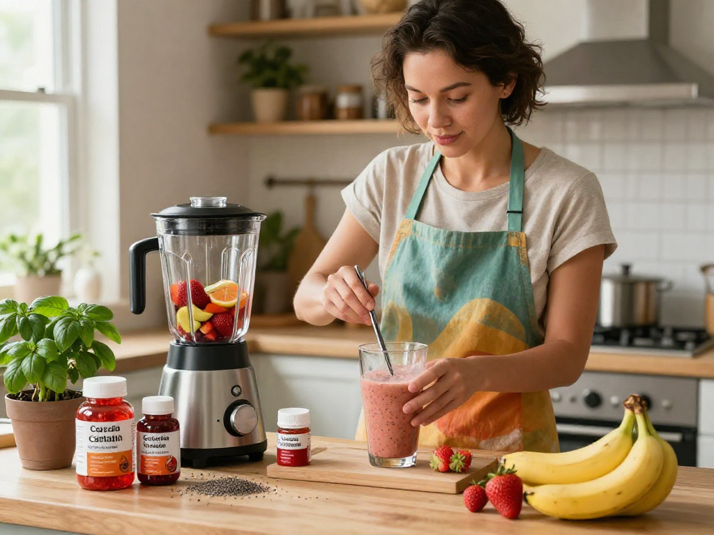 A health-conscious individual blending a smoothie with astaxanthin supplement Canada in a bright kitchen.