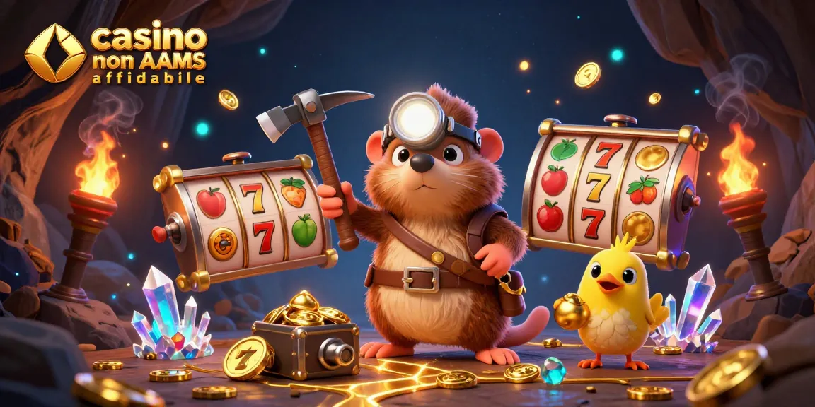 Interagisci con i casinò non AAMS affidabili attraverso un'illustrazione emozionante che presenta un topo cacciatore di tesori e dinamici elementi da casinò volanti.