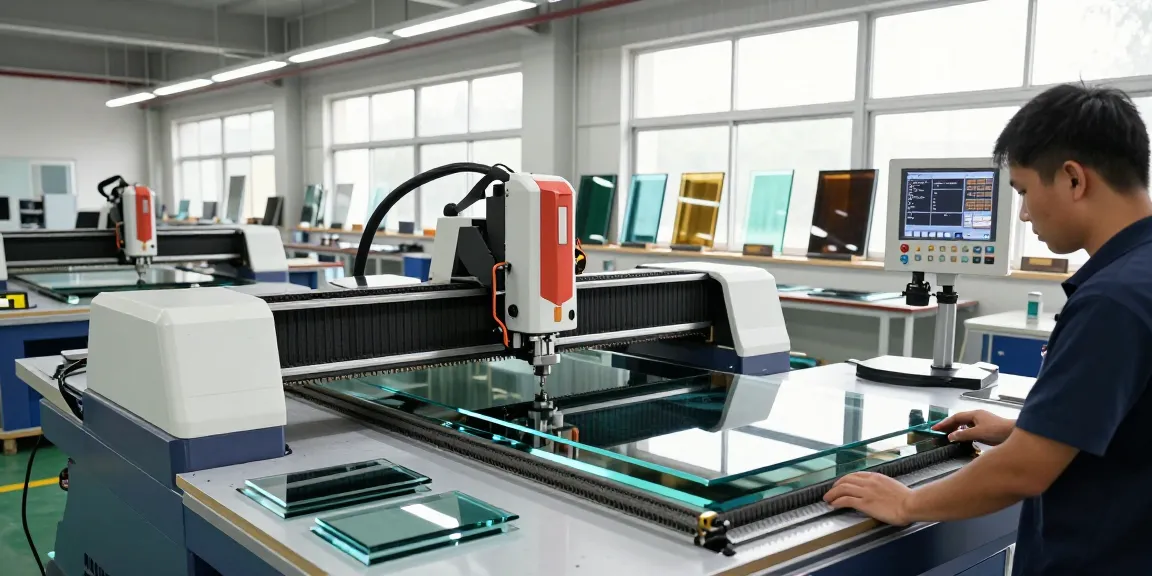 Advanced cutting machine glass technology in action with skilled operator in modern workshop.