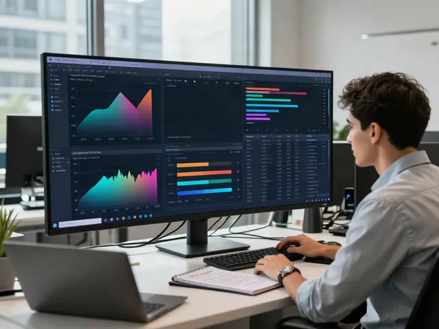 Trader using TradingView on dual screens in a modern office