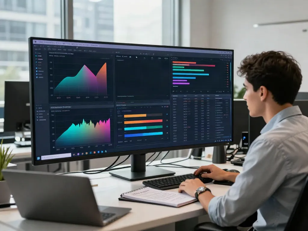 Trader using TradingView on dual screens in a modern office