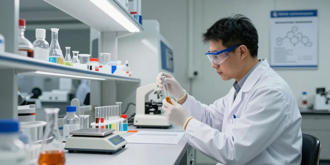 Analyzing nitroethane samples in a lab for those looking to buy nitroethane in bulk, showcasing safety and precision.