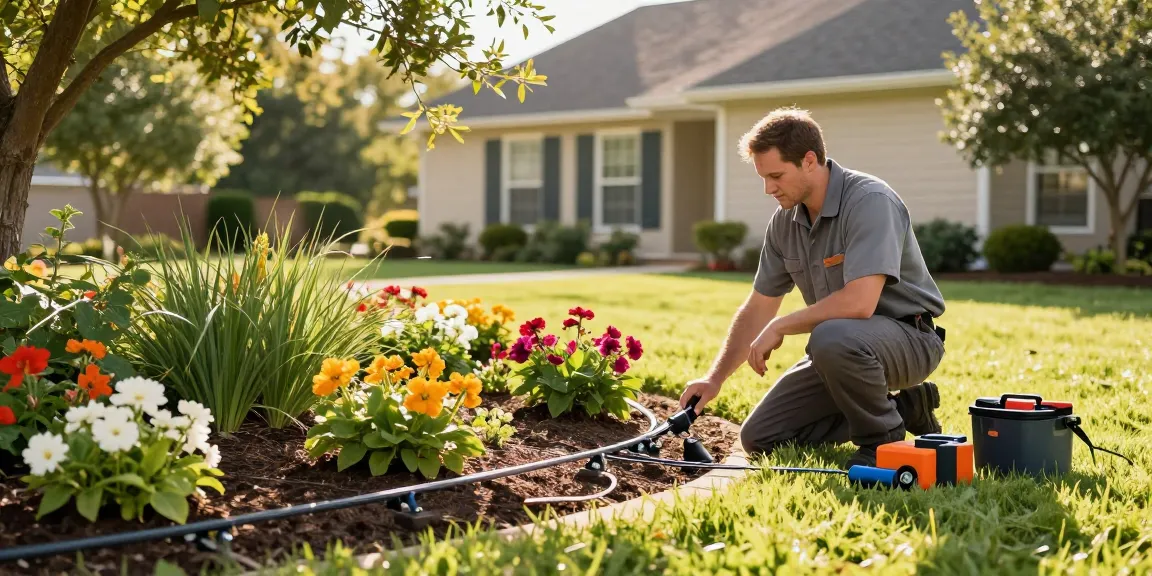 Professional Irrigation Services in Hudson Oaks, TX, technician inspecting drip irrigation system in vibrant flowerbeds.