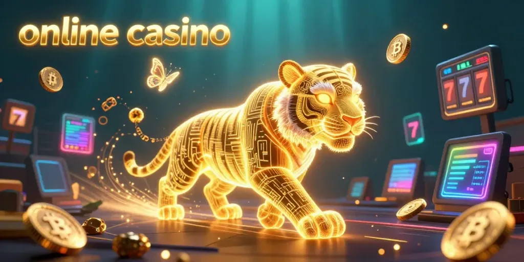 Experience the thrill of online casino gaming with a neon-wireframe tiger in a dazzling 3D landscape.