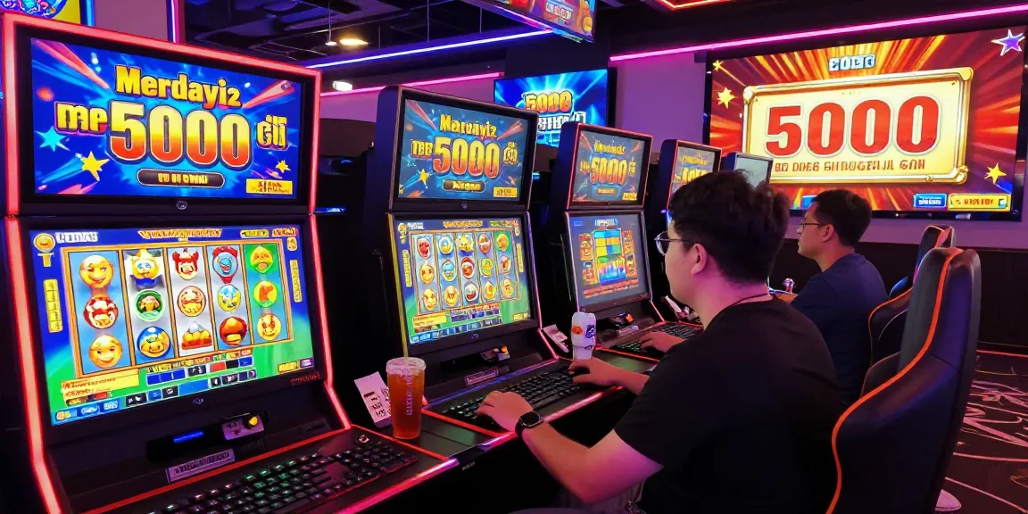 Online gaming scene featuring players engaged in slot depo 5000 games with colorful graphics and promotional banners.