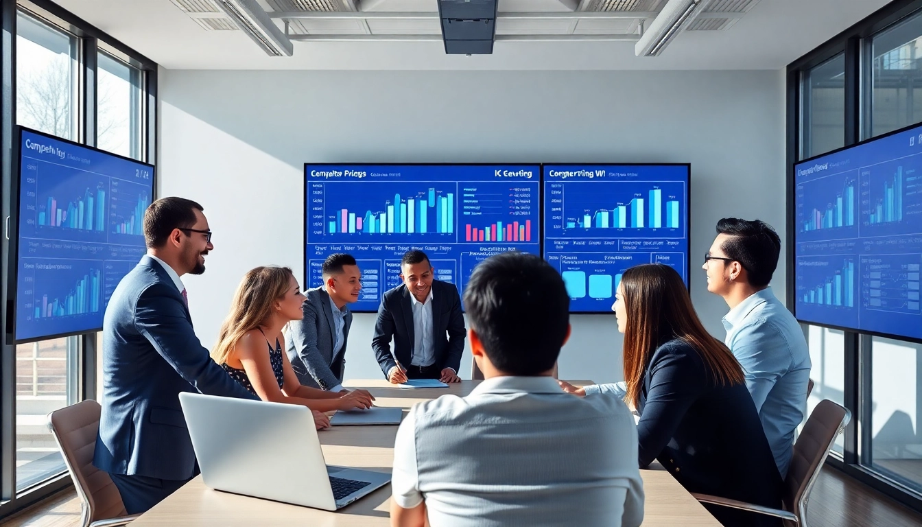 Analyze competitor pricing strategies during a business meeting in a modern conference room.