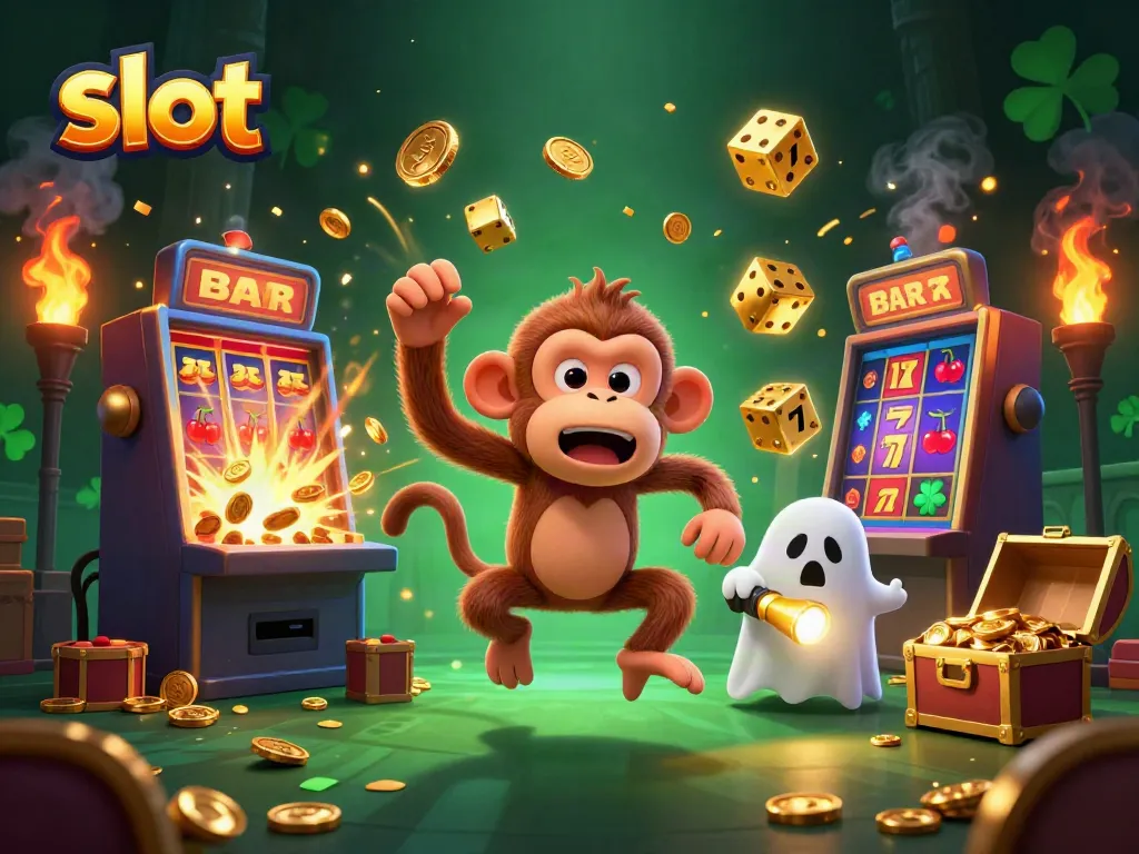 Engage with thrilling slot games in this vibrant casino scene featuring a magical monkey.