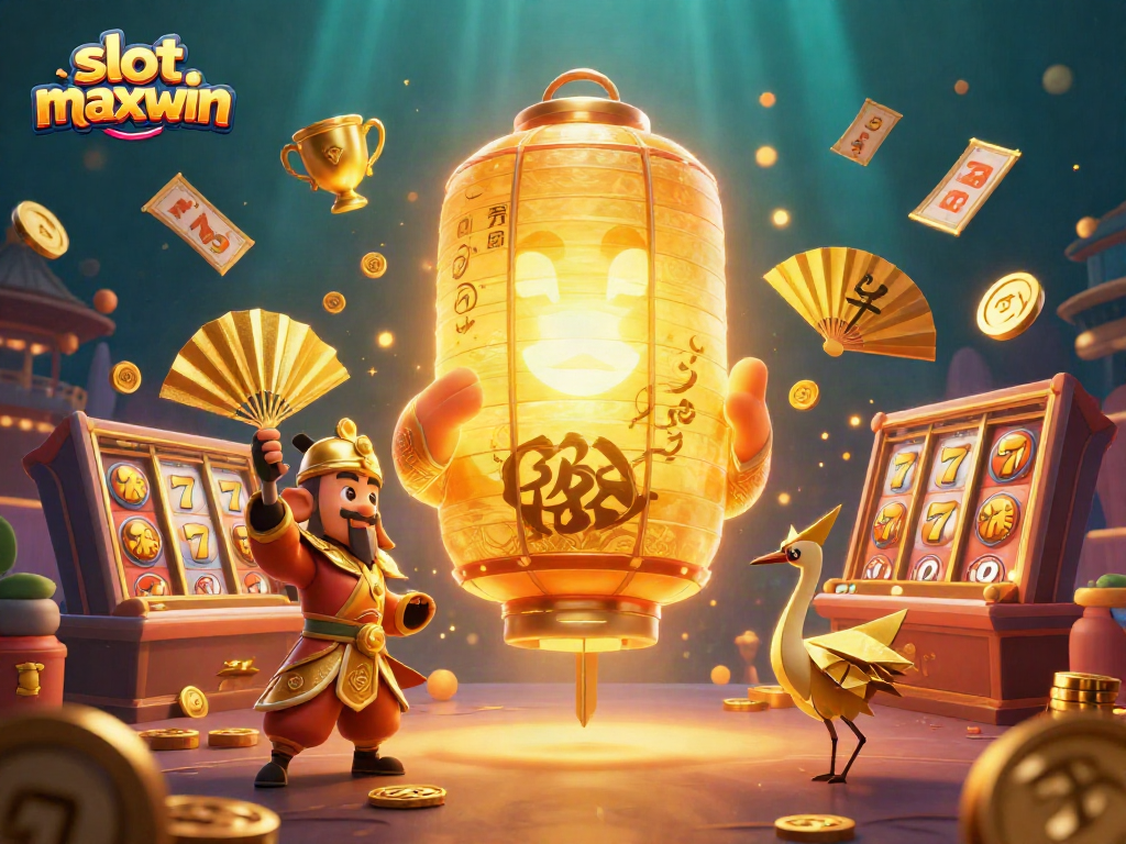 Experience slot maxwin excitement with dynamic 3D illustrations of spinning reels and vibrant casino elements.