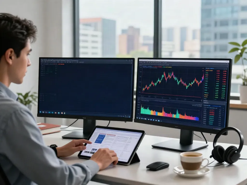 Dynamic trading scene with a user analyzing markets on MetaTrader 5 in a modern office.