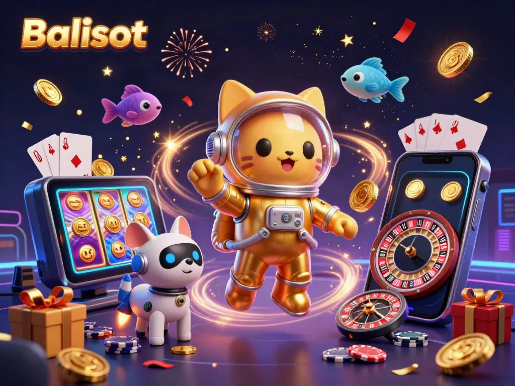 Experience Balislot's vibrant gaming world with an astronaut cat and a robotic dog amidst thrilling slot games