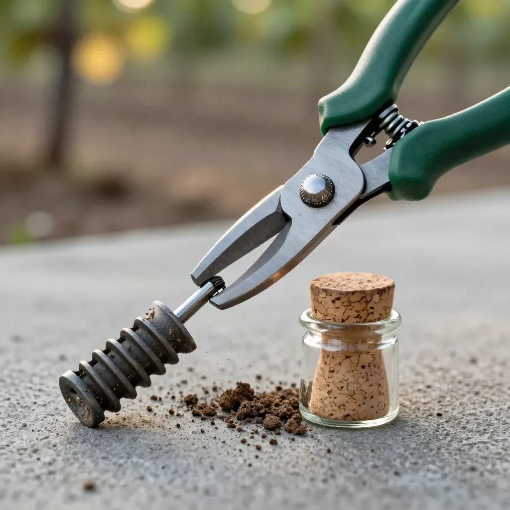 Macro still life of vineyard tools: pruning shears, soil core sleeve, and corked jar on brushed concrete.