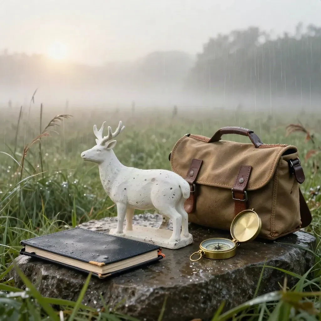 Deer track cast, logbook, compass, habitat flags, and canvas satchel on rain-dark stone at first light.