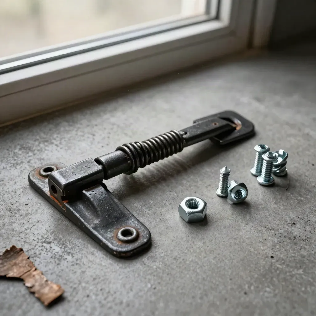 Ranch gate hardware arranged on dark concrete in a premium editorial flatlay.