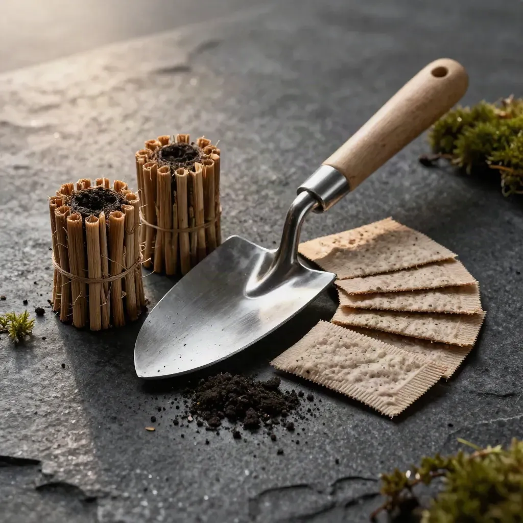 Wetland restoration tools on stone: reed plugs, steel trowel, and seed pucks in dramatic light.