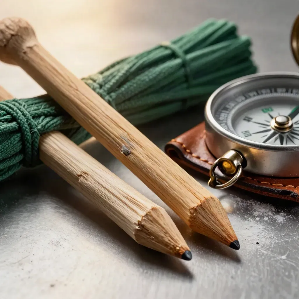 Cedar stakes, green flagging rolls and a leather case on brushed metal, lit in soft rim light.