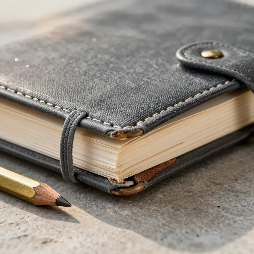 Closed field logbook, pencil stub, and brass page clip on stone