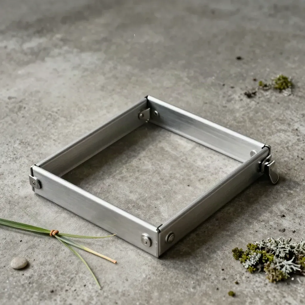 Open aluminum quadrat frame with grass stem and pebble on weathered concrete