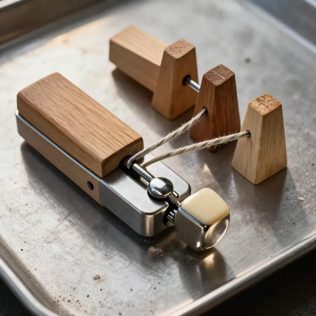 Spring tally counter with cedar pegs and survey string on brushed metal, macro from above