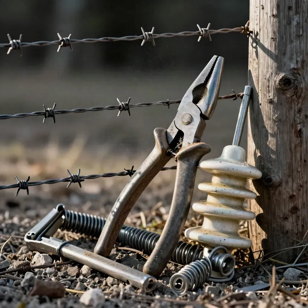 Fence pliers, ceramic insulators, and a gate latch spring behind blurred barbed wire