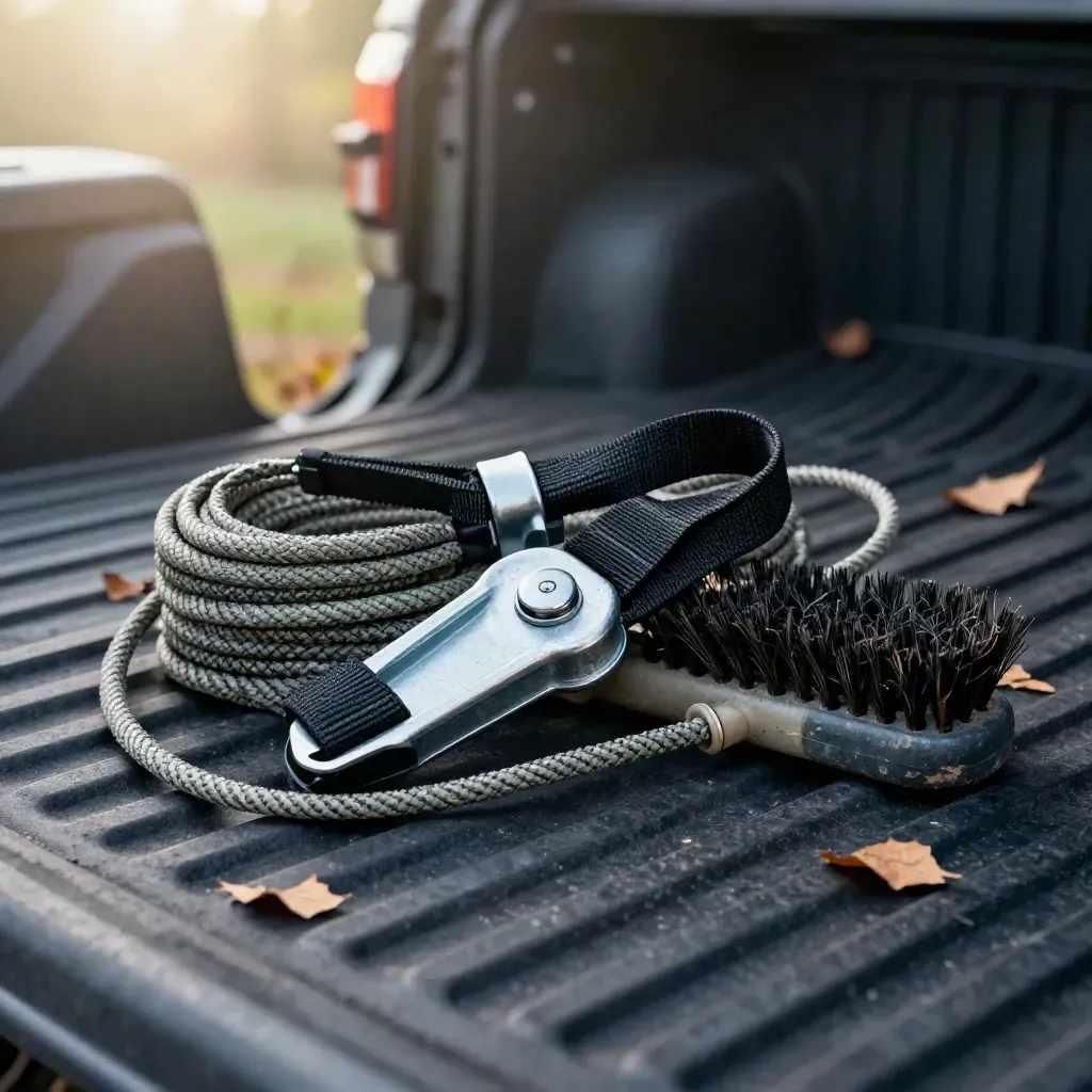 Macro close-up of treestand strap ratchet, rope haul line, and boot brush on a rubber mat.