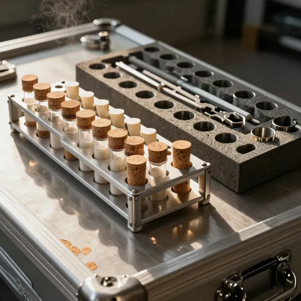 Overhead field transport set with specimen rack, corked vials, and foam tray on brushed metal.