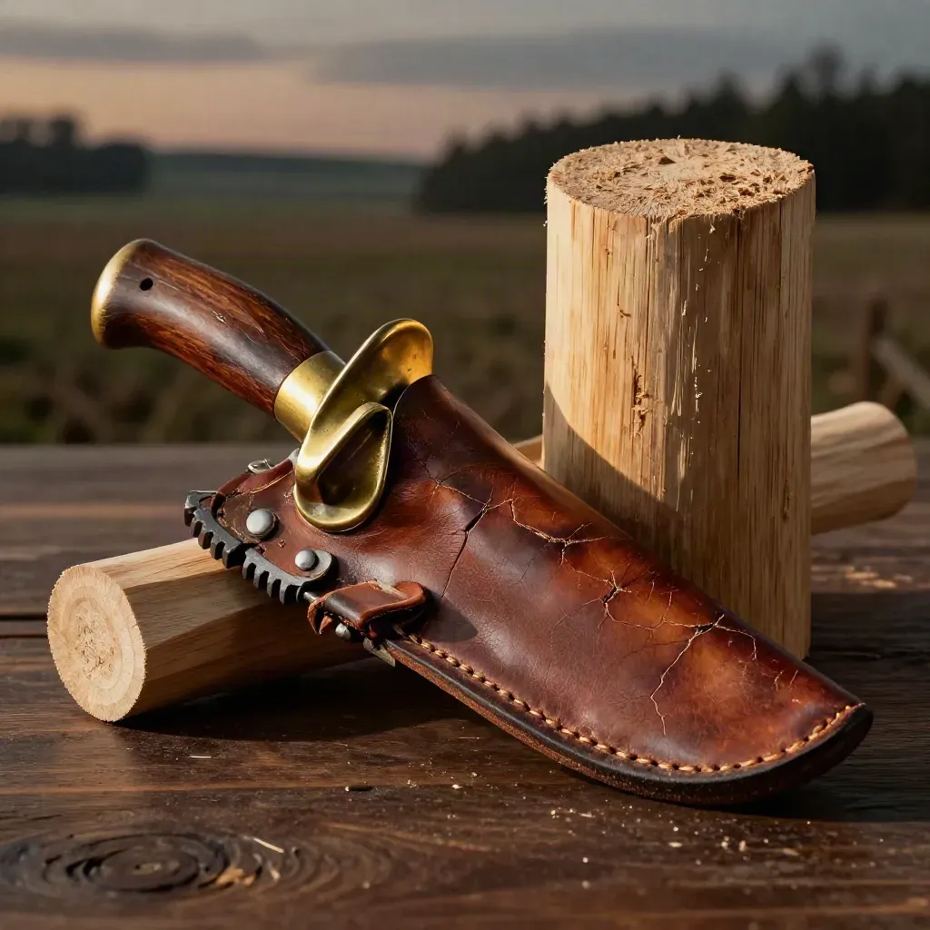 Knife sheath, shell holder, and cedar post cap on walnut under dramatic studio light.