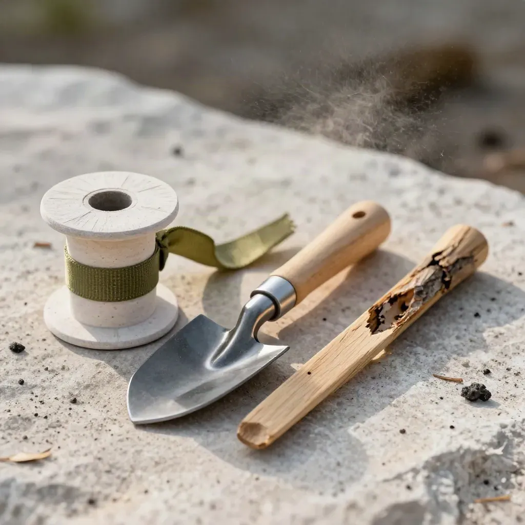Trail flag spool, trowel, and cedar stake on pale stone with soft bokeh