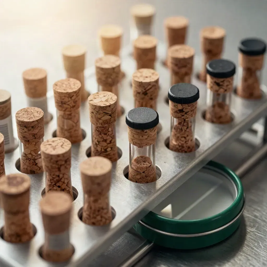 Overhead macro of a deer lab sample rack, corked tubes, and sealed archive tin on brushed metal.