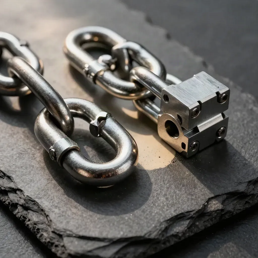 Top-down macro of steel links, a ring and connector block on slate under dramatic studio light.